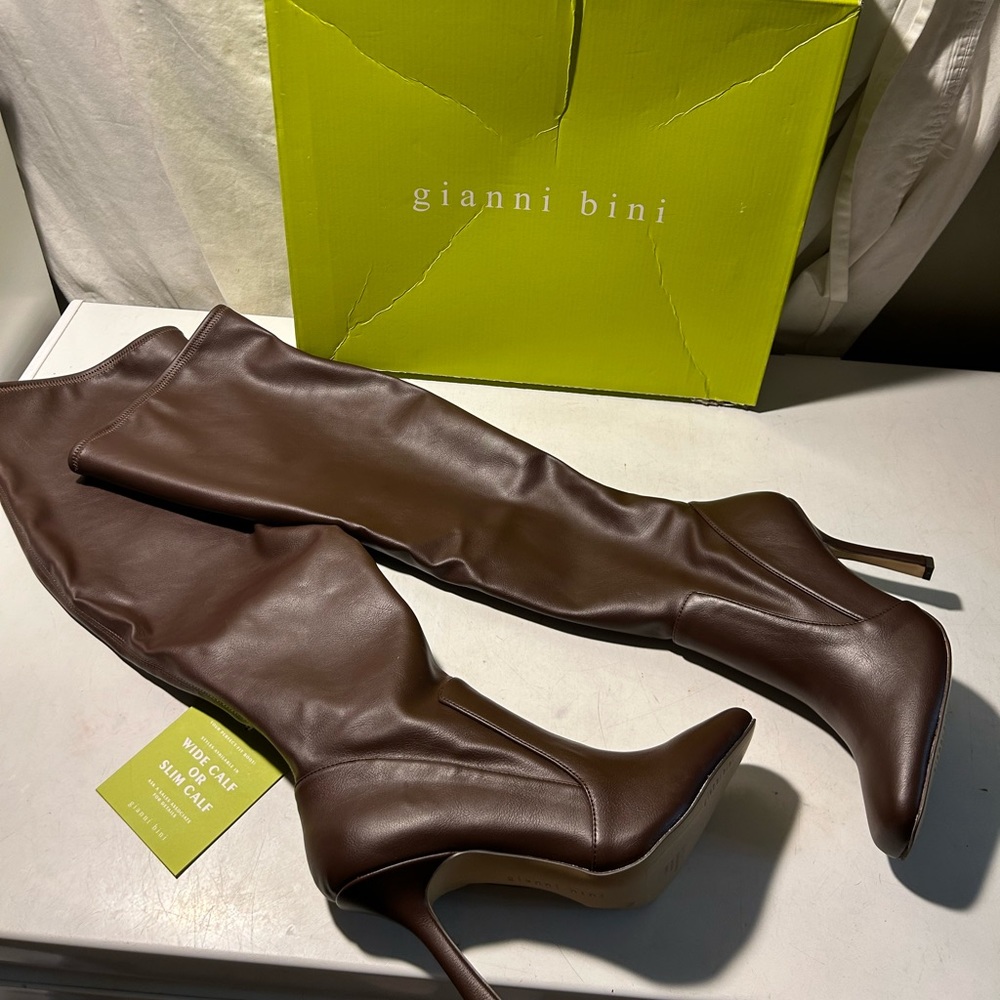 Gianni Bini chocolate brown faux leather over the knee boots 3” heel side zip 9